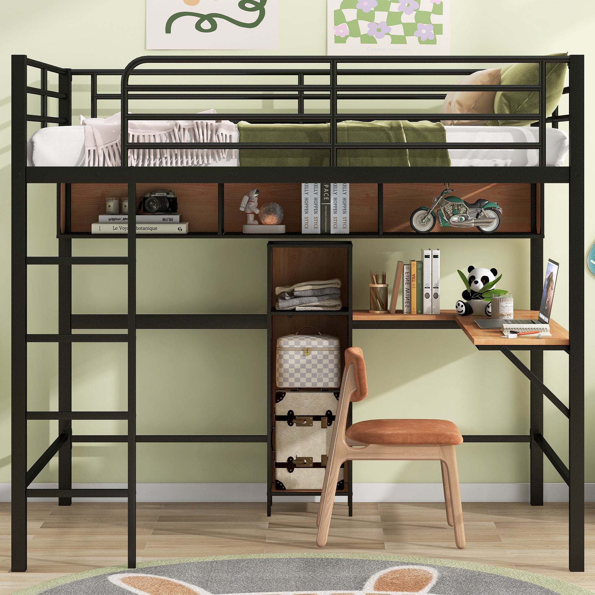 Full Size Metal & Wood Loft Bed With L Shaped Desk And Shelves, Black And Brown Black Metal