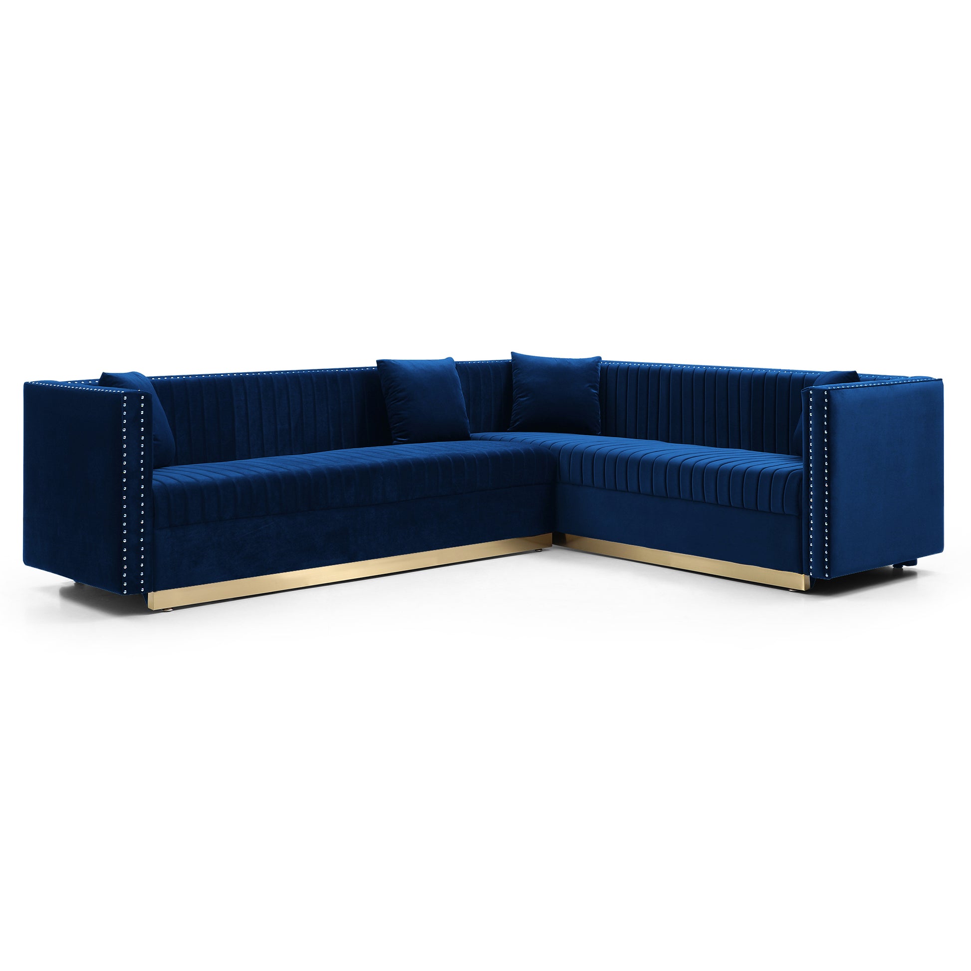 Contemporary Vertical Channel Tufted Velvet Sectional Sofa Modern Upholstered Corner Couch For Living Room Apartment With 4 Pillows,Blue Blue Velvet