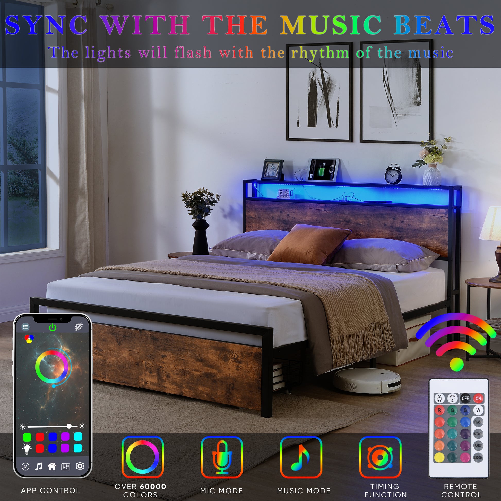 Queen Size Bed Frame With Storage Headboard And 2 Drawers, Led Lights Bed With Charging Station, Metal Platform Bed No Noise, Mattress Foundation Strong Metal Slats Support No Box Spring Needed Box Spring Not Required Queen Black Brown Iron Brown Bedroom