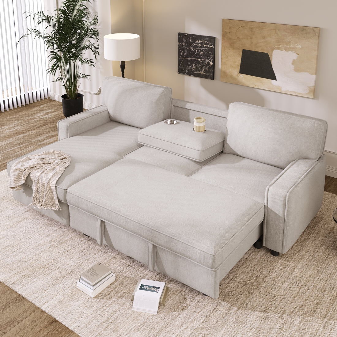 Upholstery Sleeper Sectional Sofa With Storage Space, Usb Port, 2 Cup Holders On Back Cushions Same Sku Wy000335Aaa Beige Wood Square Arms Polyester 3 Seat