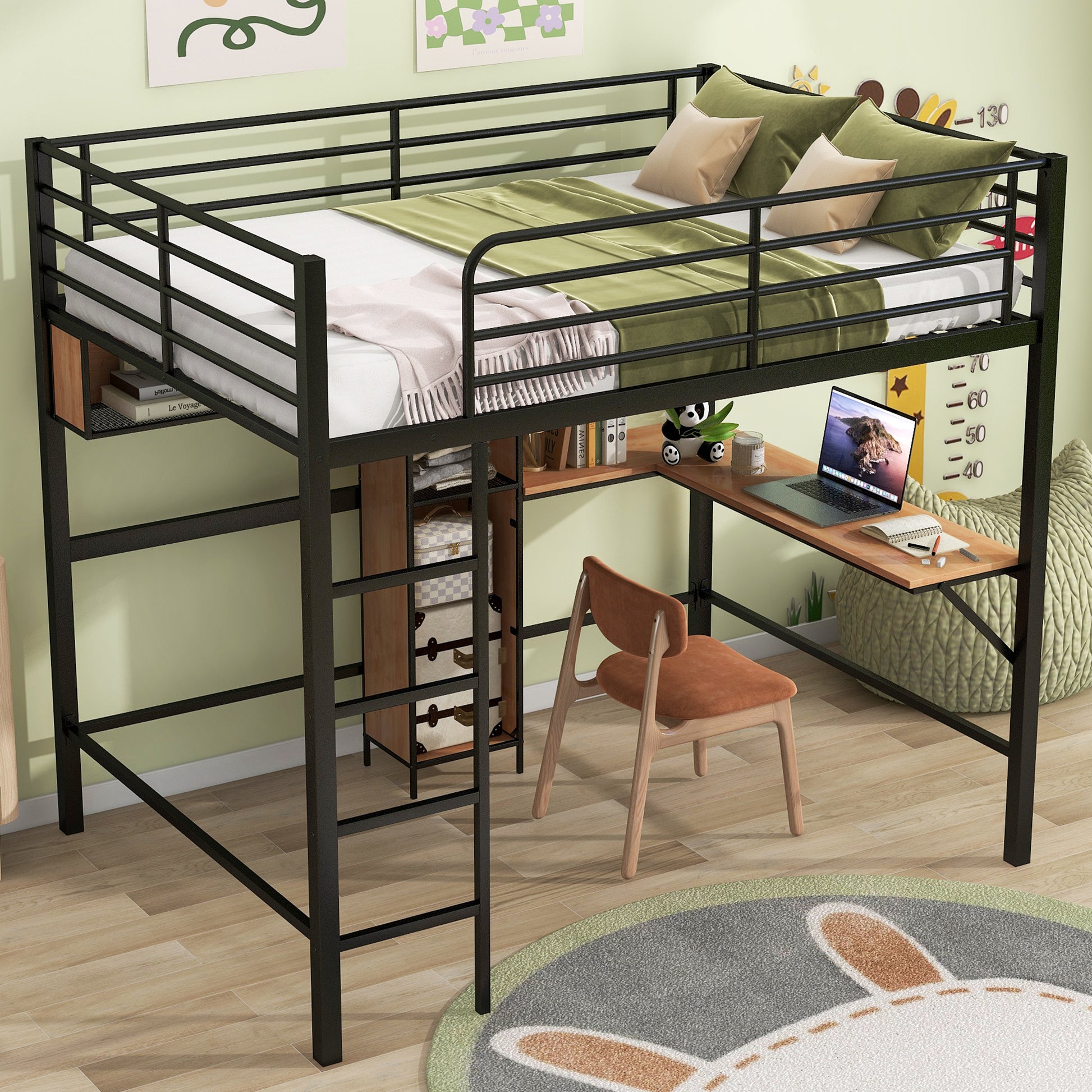 Full Size Metal & Wood Loft Bed With L Shaped Desk And Shelves, Black And Brown Black Metal