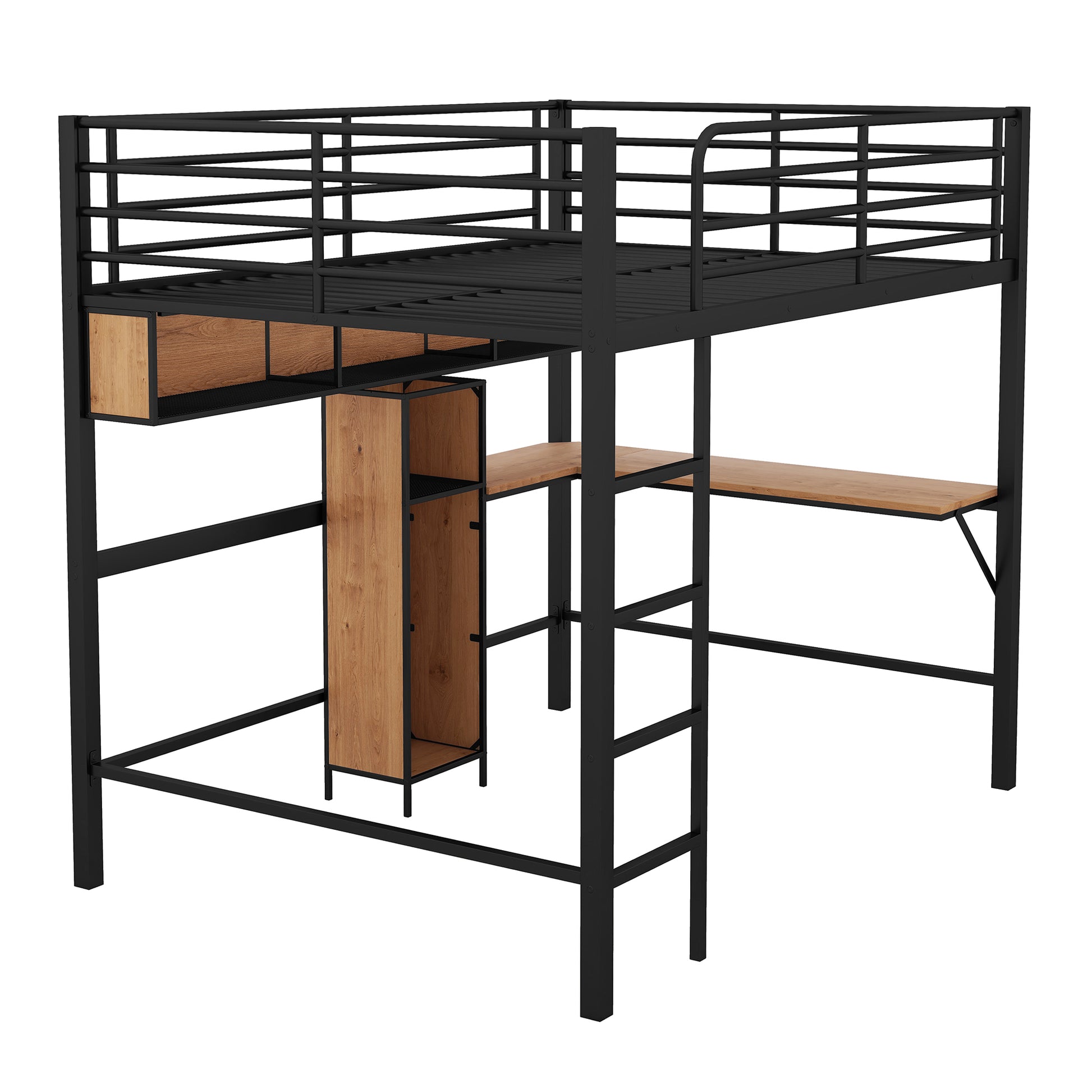 Full Size Metal & Wood Loft Bed With L Shaped Desk And Shelves, Black And Brown Black Metal