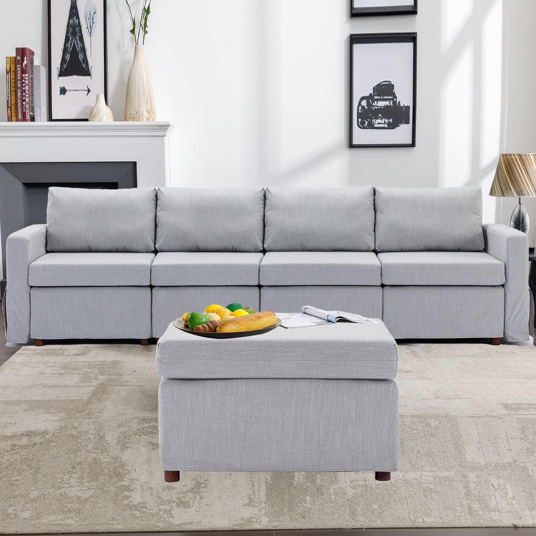 4 Seat Module Sectional Sofa Couch With 1 Ottoman,Seat Cushion And Back Cushion Removable And Washable,Light Grey Light Grey Wood Primary Living Space Soft Modern Rubberwood Foam Linen 4 Seat