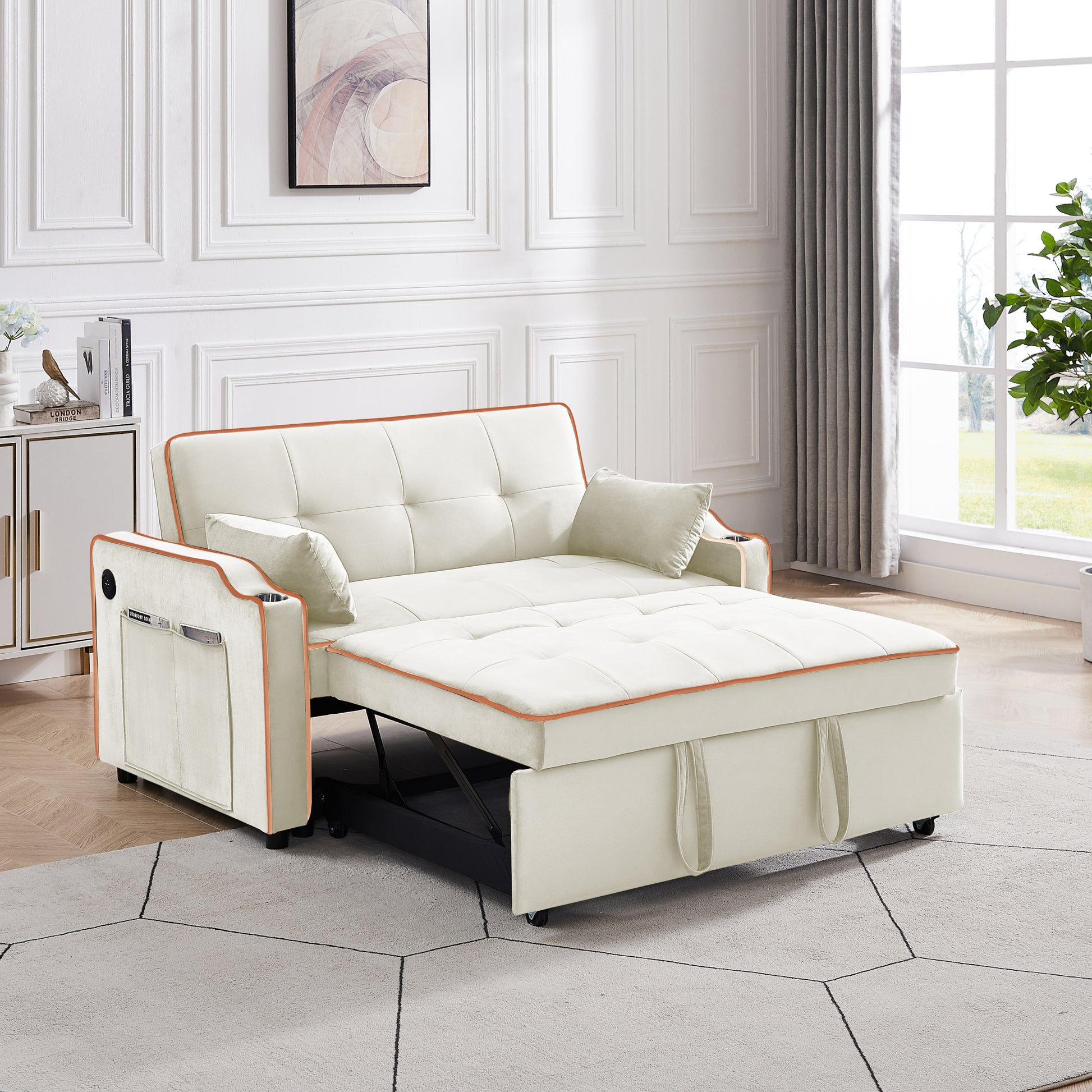 Sofa Bed, 3 In 1 Convertible Sofa Chair Bed, Adjustable Backrest Chair, Chaise Lounge With Usb Ports, Cup Holder, Side Pocket,Beige Beige Velvet