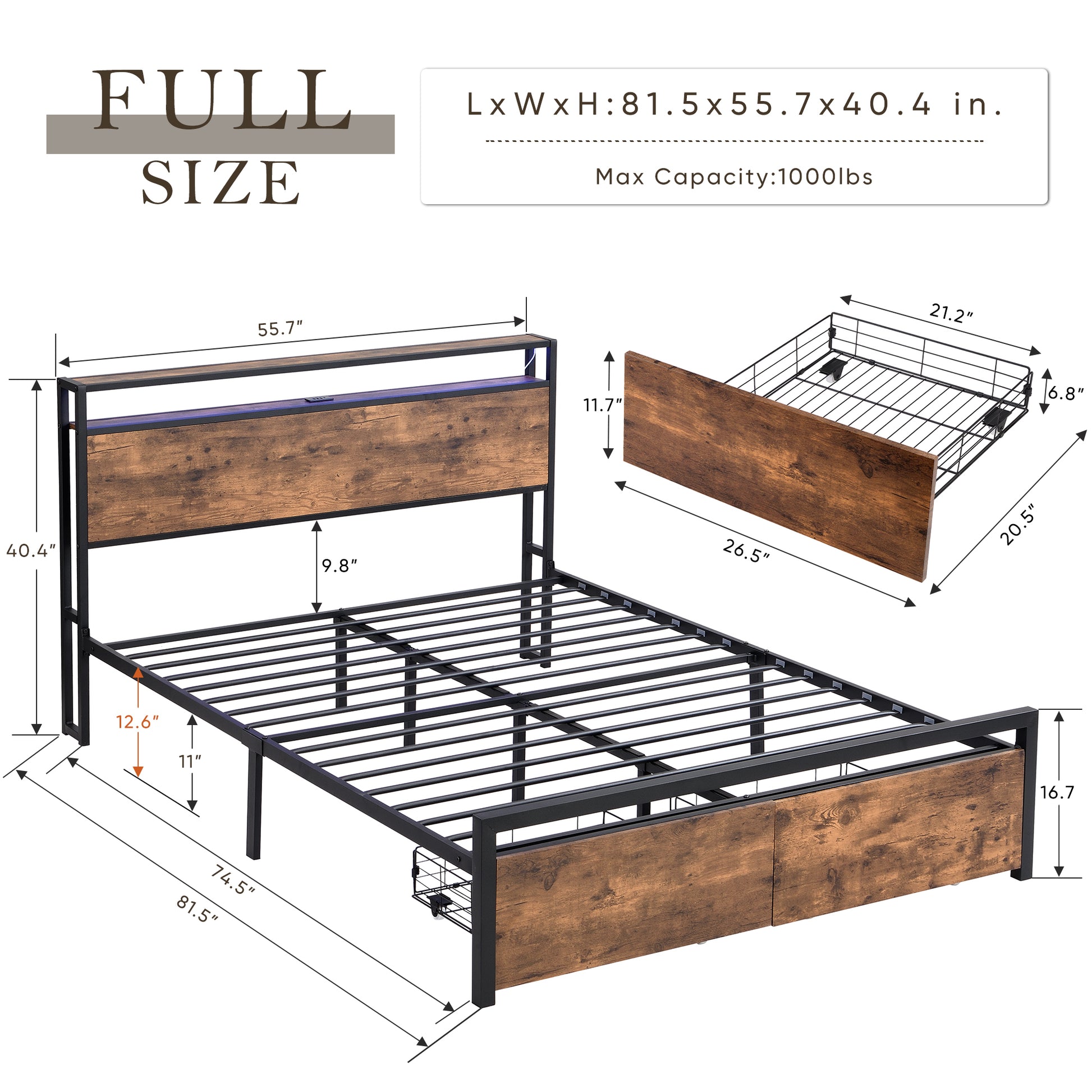 Full Size Bed Frame With Storage Headboard And 2 Drawers, Led Lights Bed With Charging Station, Metal Platform Bed No Noise, Mattress Foundation Strong Metal Slats Support No Box Spring Needed Box Spring Not Required Full Black Brown Iron Brown Bedroom