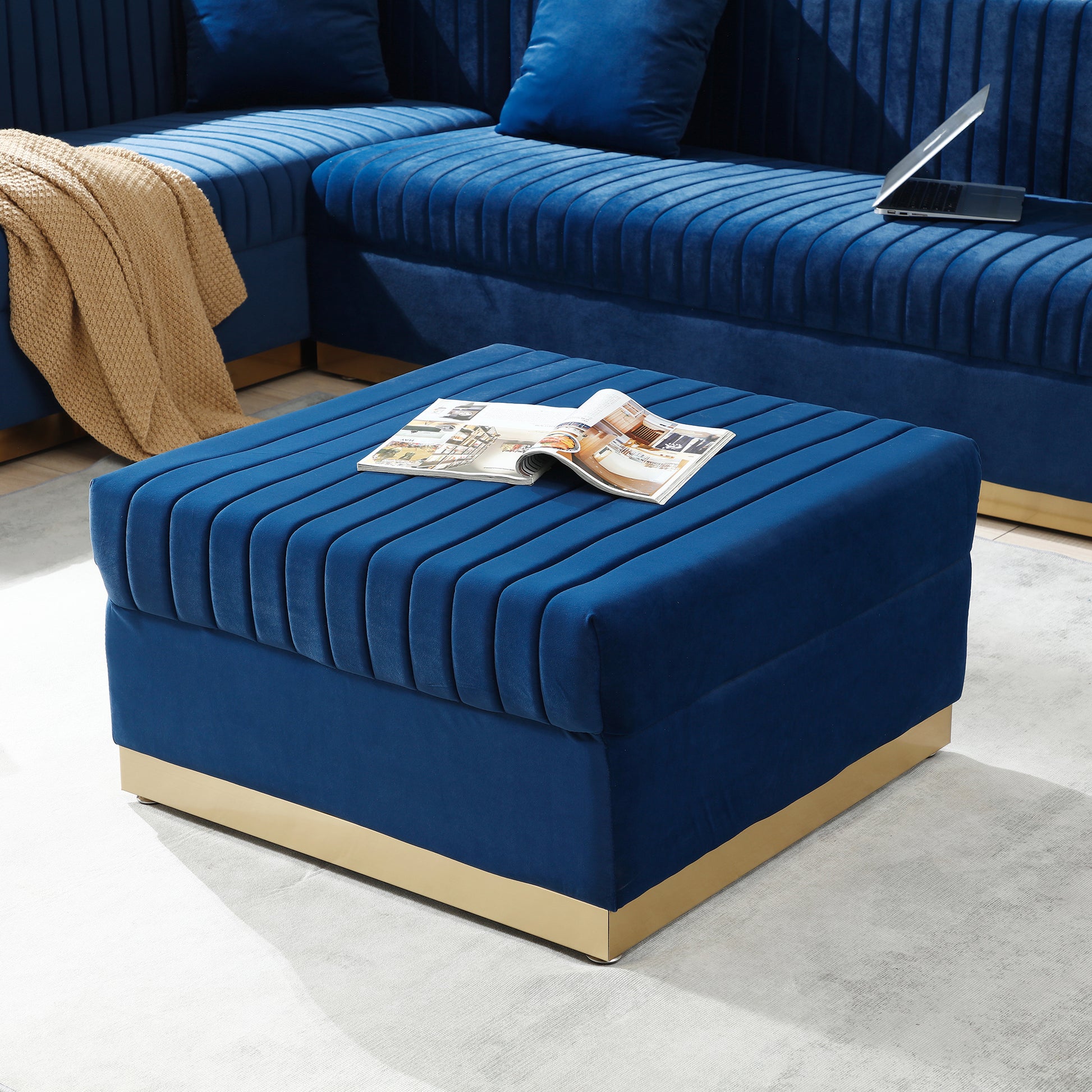 Contemporary Vertical Channel Tufted Velvet Big Size Ottoman Modern Upholstered Foot Rest For Living Room Apartment,Blue Blue Square Foam Velvet