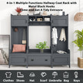 Modern Style 4 In 1 Multiple Functions Hallway Coat Rack With Seven Metal Black Hooks, Entryway Bench Hall Tree With Large Storage Drawer, Grey Grey Particle Board