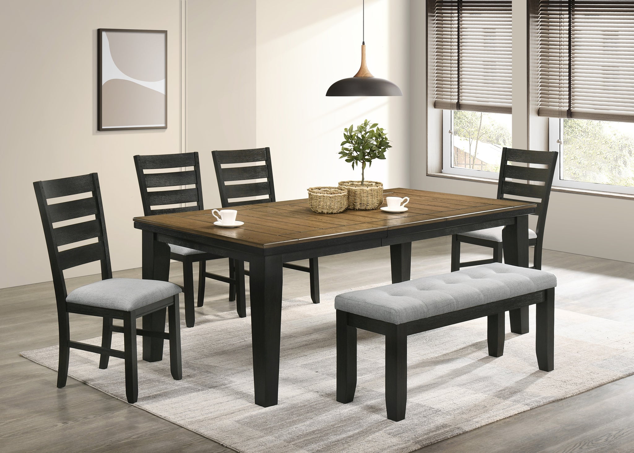 Contemporary 6Pc Dining Set 18" Extendable Leaf Table Gray Fabric Upholstered Chair Bench Seats Wheat Charcoal Finish Wooden Solid Wood Dining Room Furniture Wood Wood Charcoal Ladder Back Seats 6 Wood Dining Room Extendable Modern 4 Leg Rectangular