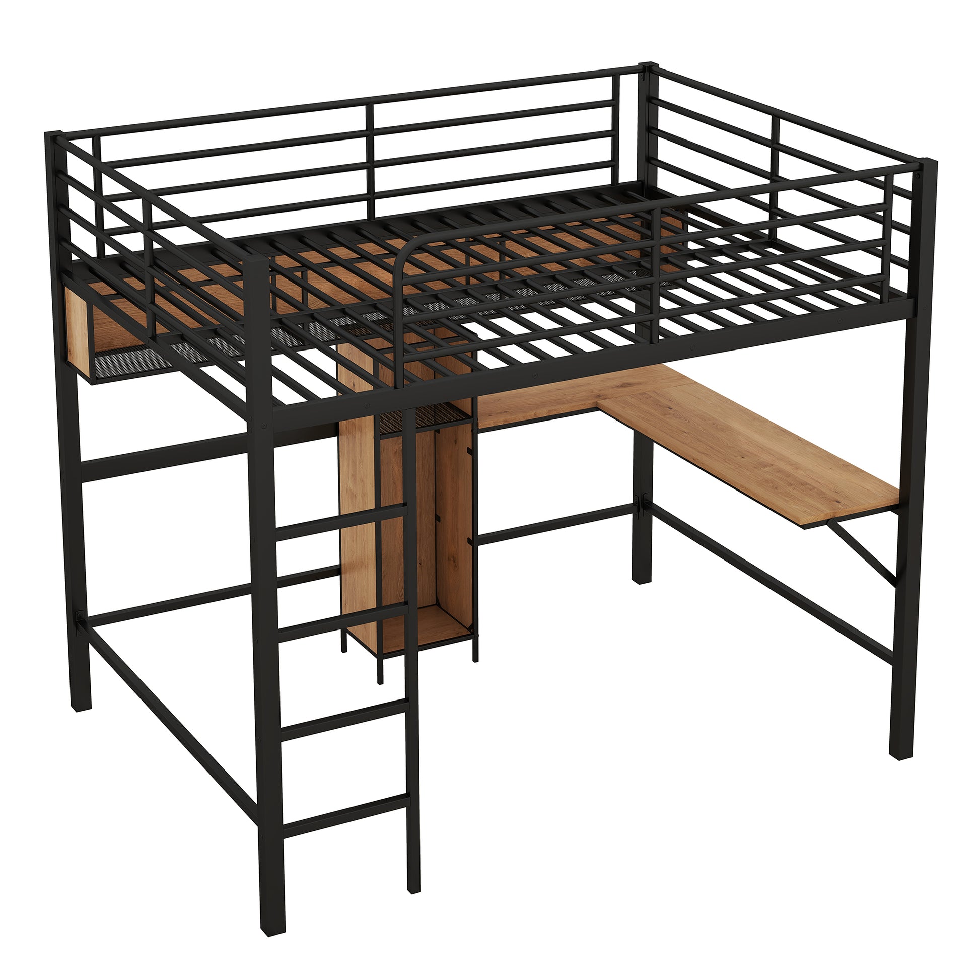 Full Size Metal & Wood Loft Bed With L Shaped Desk And Shelves, Black And Brown Black Metal