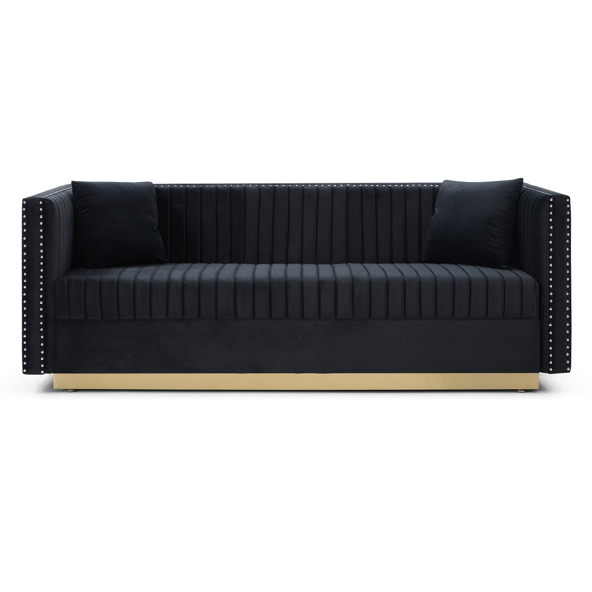 Contemporary Vertical Channel Tufted Velvet Sofa Modern Upholstered Couch For Living Room Apartment With 2 Pillows,Black Black Foam Velvet 3 Seat