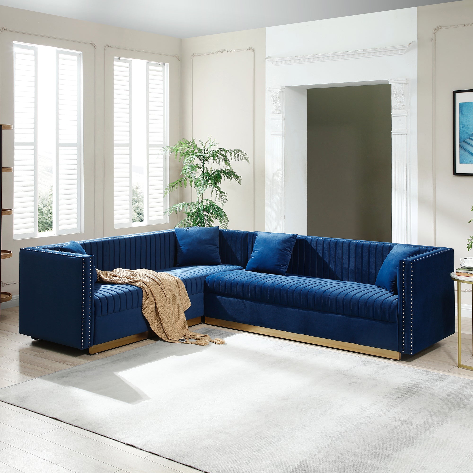 Contemporary Vertical Channel Tufted Velvet Sectional Sofa Modern Upholstered Corner Couch For Living Room Apartment With 4 Pillows,Blue Blue Velvet