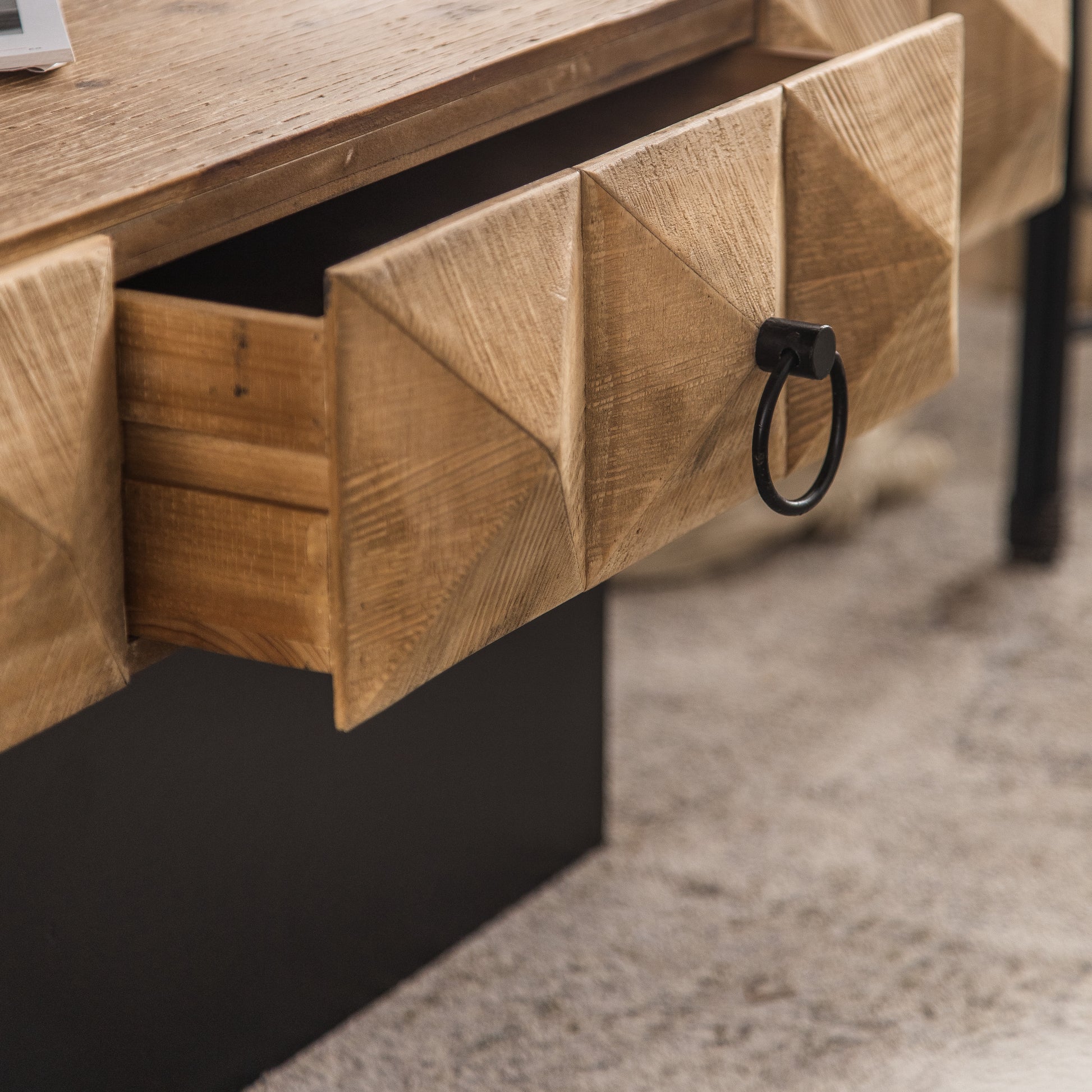 41.73"Three Dimensional Embossed Pattern Square Retro Coffee Table With 2 Drawers And Mdf Base Natural Solid Wood Mdf