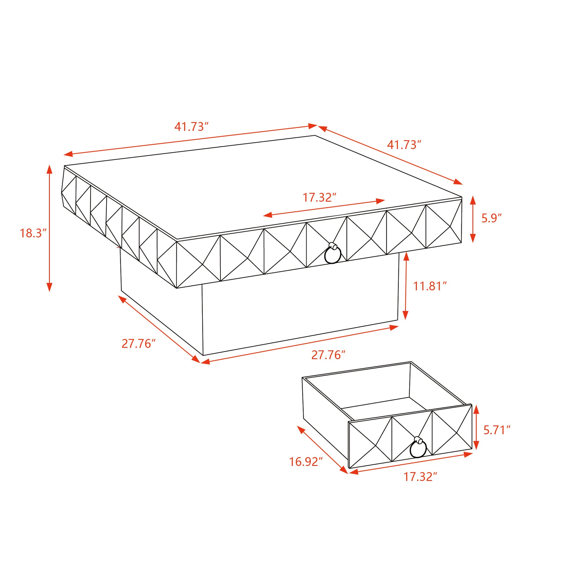 41.73"Three Dimensional Embossed Pattern Square Retro Coffee Table With 2 Drawers And Mdf Base Natural Solid Wood Mdf