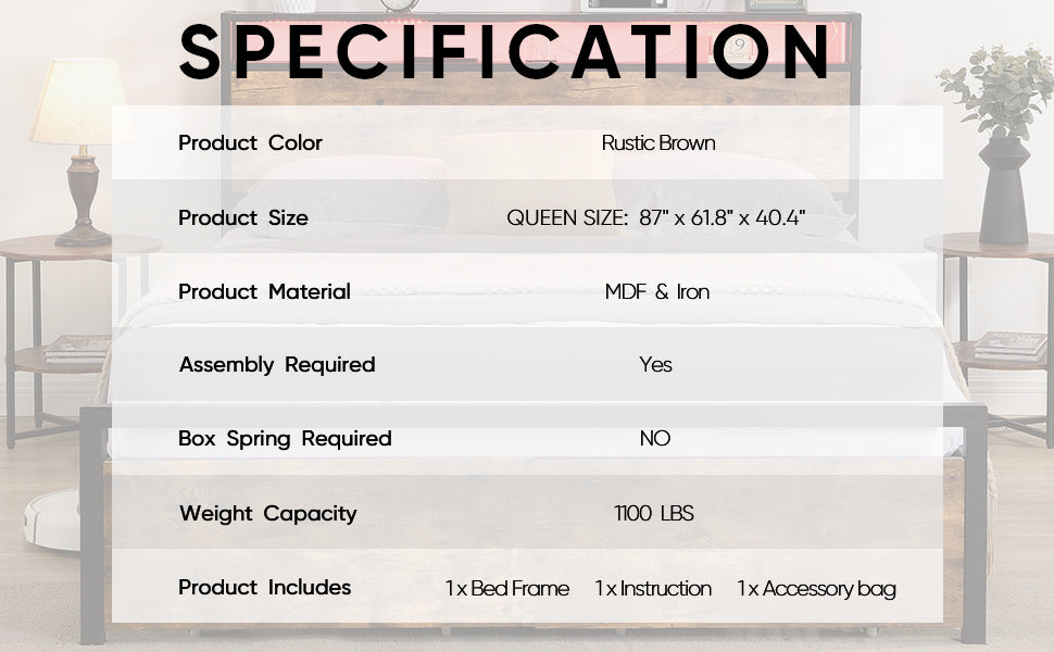 Queen Size Bed Frame With Storage Headboard And 2 Drawers, Led Lights Bed With Charging Station, Metal Platform Bed No Noise, Mattress Foundation Strong Metal Slats Support No Box Spring Needed Box Spring Not Required Queen Black Brown Iron Brown Bedroom