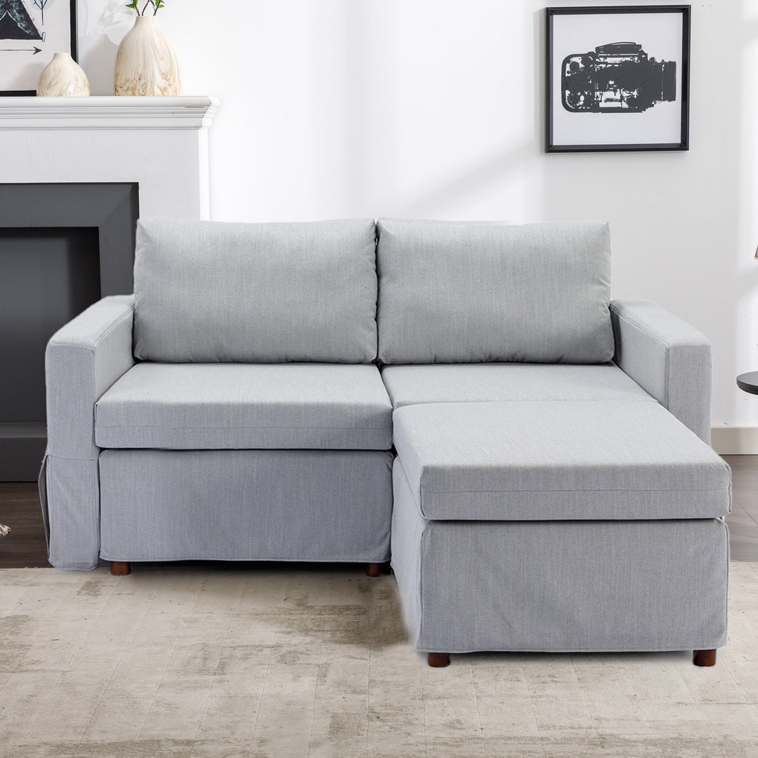 2 Seat Module Sectional Sofa Couch With 1 Ottoman,Seat Cushion And Back Cushion Removable And Washable,Light Grey Light Grey Wood Primary Living Space Soft Modern Rubberwood Foam Linen 2 Seat