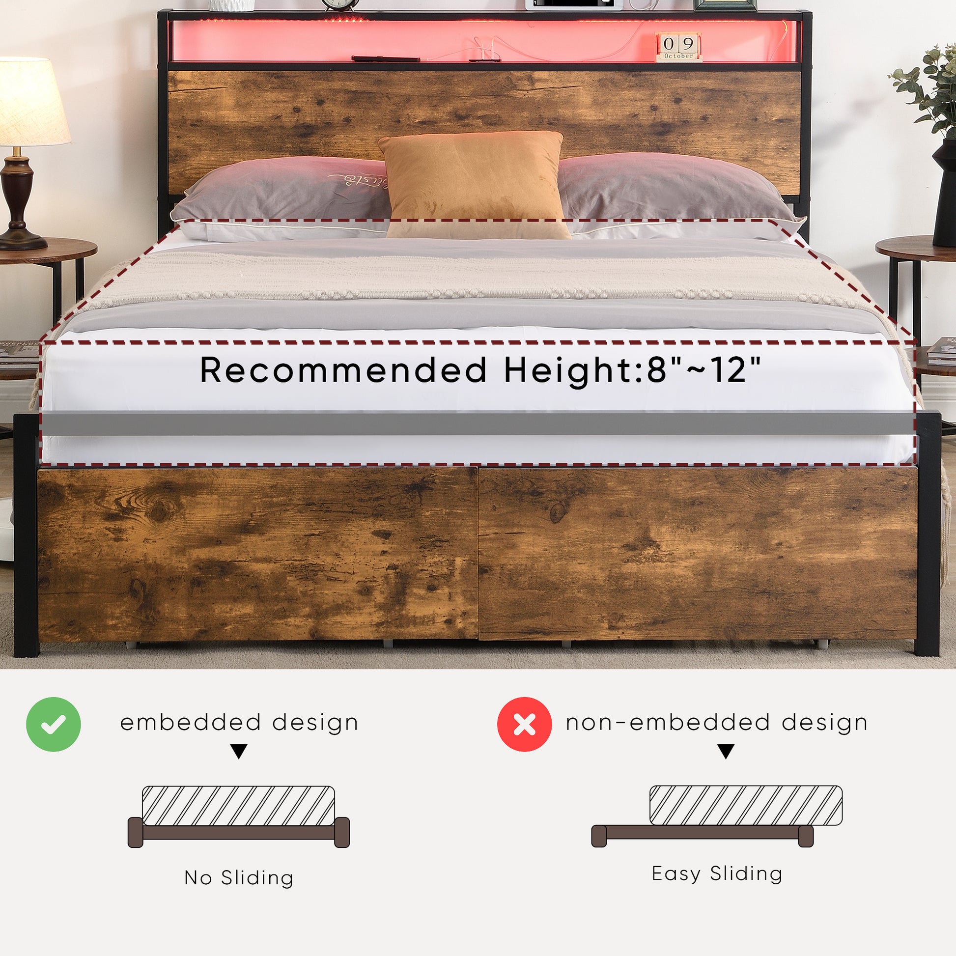 Queen Size Bed Frame With Storage Headboard And 2 Drawers, Led Lights Bed With Charging Station, Metal Platform Bed No Noise, Mattress Foundation Strong Metal Slats Support No Box Spring Needed Box Spring Not Required Queen Black Brown Iron Brown Bedroom