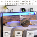 Full Size Bed Frame With Storage Headboard And 2 Drawers, Led Lights Bed With Charging Station, Metal Platform Bed No Noise, Mattress Foundation Strong Metal Slats Support No Box Spring Needed Box Spring Not Required Full Black Brown Iron Brown Bedroom