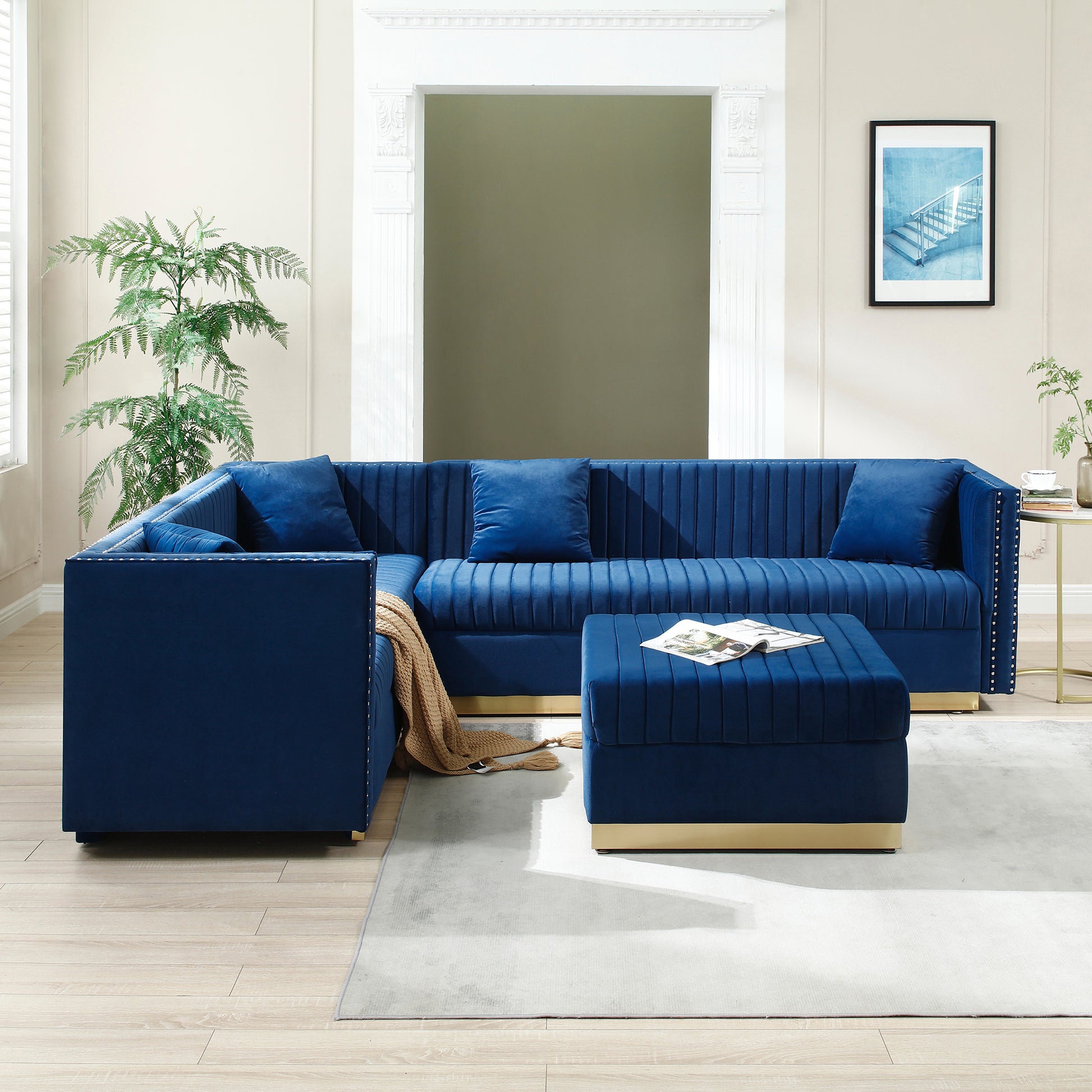 Contemporary Vertical Channel Tufted Velvet Sectional Sofa Modern Upholstered Corner Couch For Living Room Apartment With Ottoman And 4 Pillows,Blue Blue Velvet