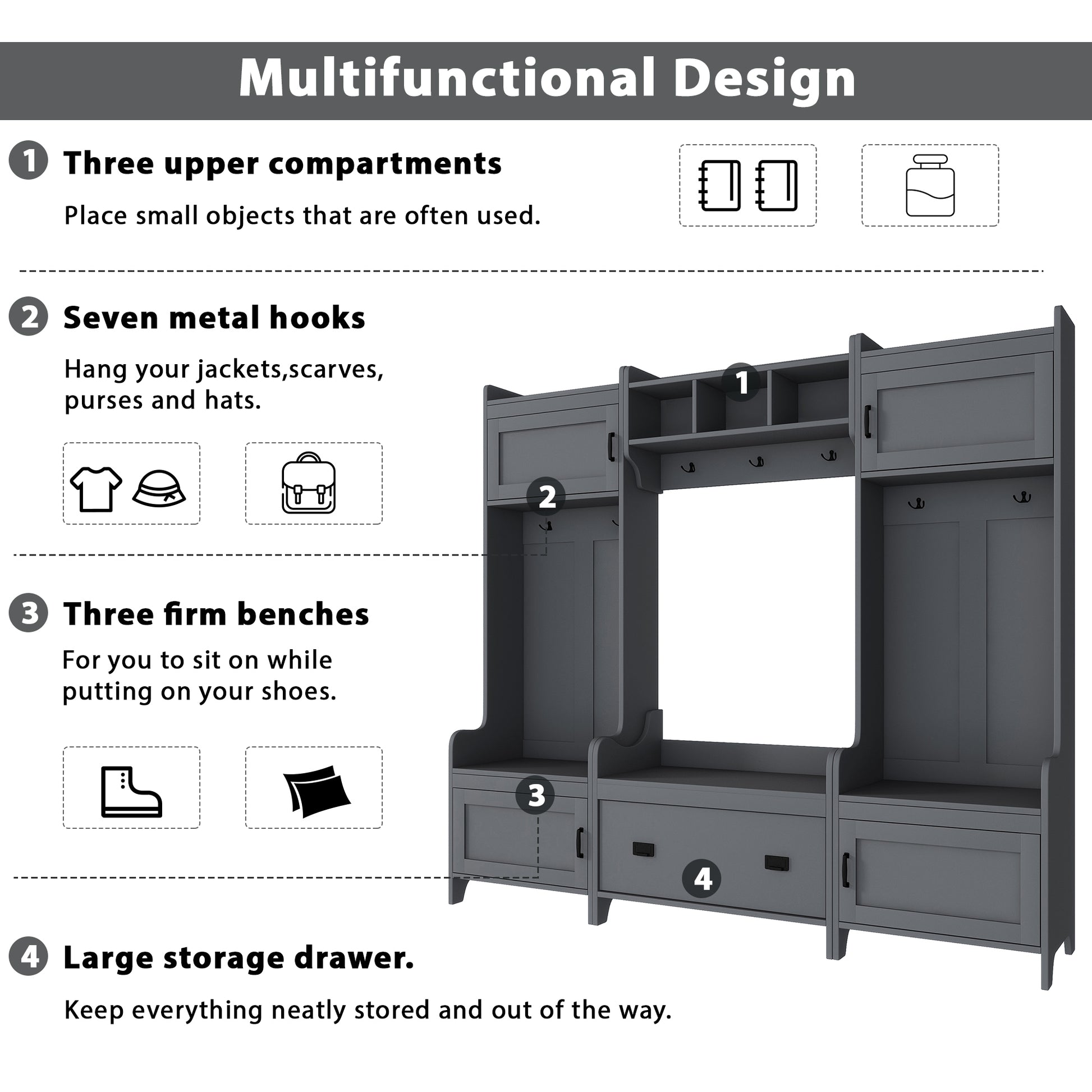 Modern Style 4 In 1 Multiple Functions Hallway Coat Rack With Seven Metal Black Hooks, Entryway Bench Hall Tree With Large Storage Drawer, Grey Grey Particle Board