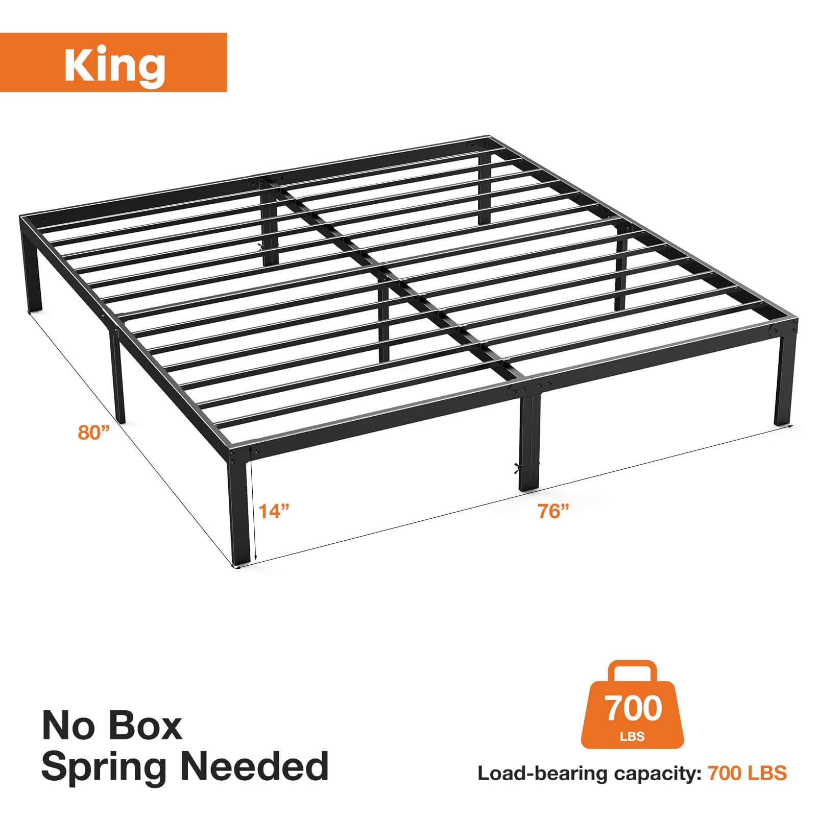 Heavy Duty Metal Bed Frame With Sturdy Steel Slat Support,King Black Iron