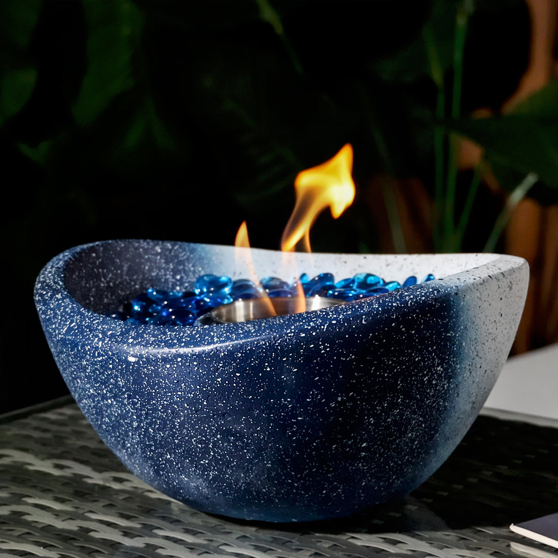 Tabletop Fire Pit With Mixed Color, Outdoor & Indoor Fire Pit, Portable Concrete Fire Pit, Personal Ethanol Fireplace, Outdoor Table Top Fire Pit, Mini Fire Pit Smokeless Fire Bowl White Blue Concrete