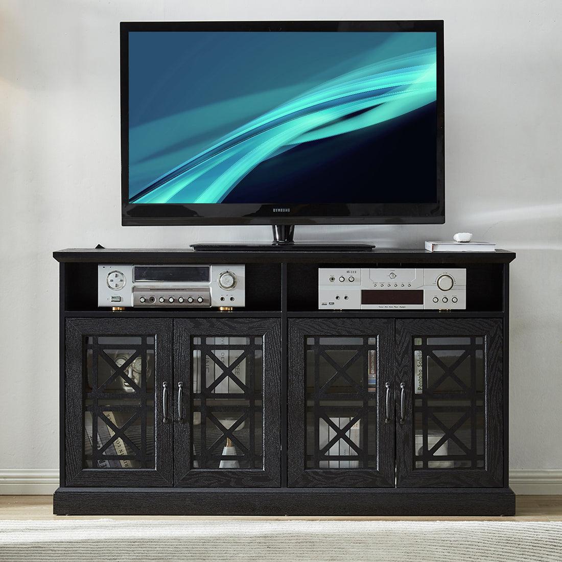 53" Tv Console Storage Buffet Cabinet Sideboard, Black Wood Grain Finish Black Dining Room Adjustabel Shelves Mdf Glass