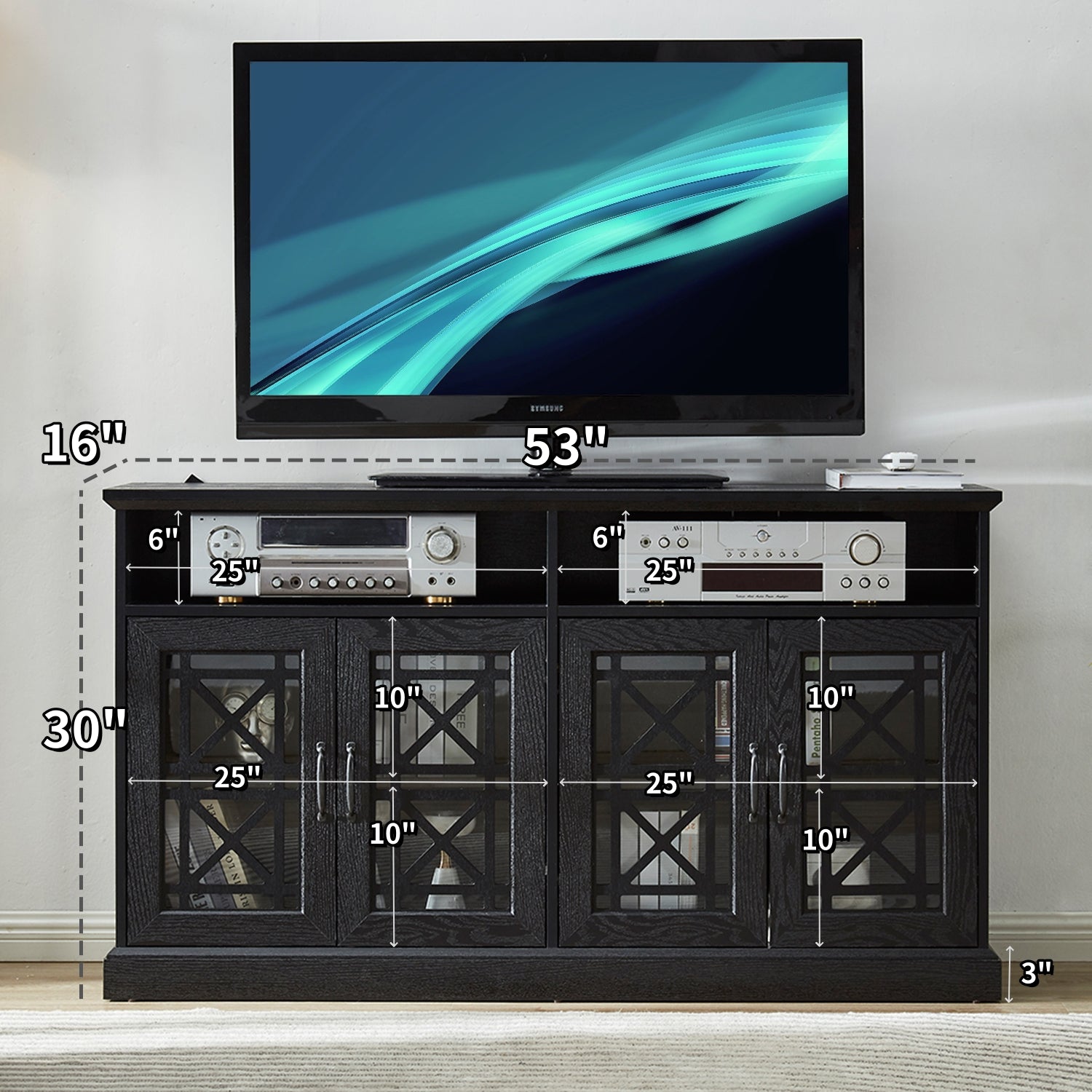 53" Tv Console Storage Buffet Cabinet Sideboard, Black Wood Grain Finish Black Dining Room Adjustabel Shelves Mdf Glass