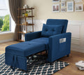 3 In 1 Convertible Futon Sofa Bed With Adjustable Backrest, Single Sofa Bed With Pull Out Sleeper, Convertible Futon Chair For Living Room, Side Bag And 1 Lumbar Pillow,Navy Navy Linen Wood Fabric 1 Seat