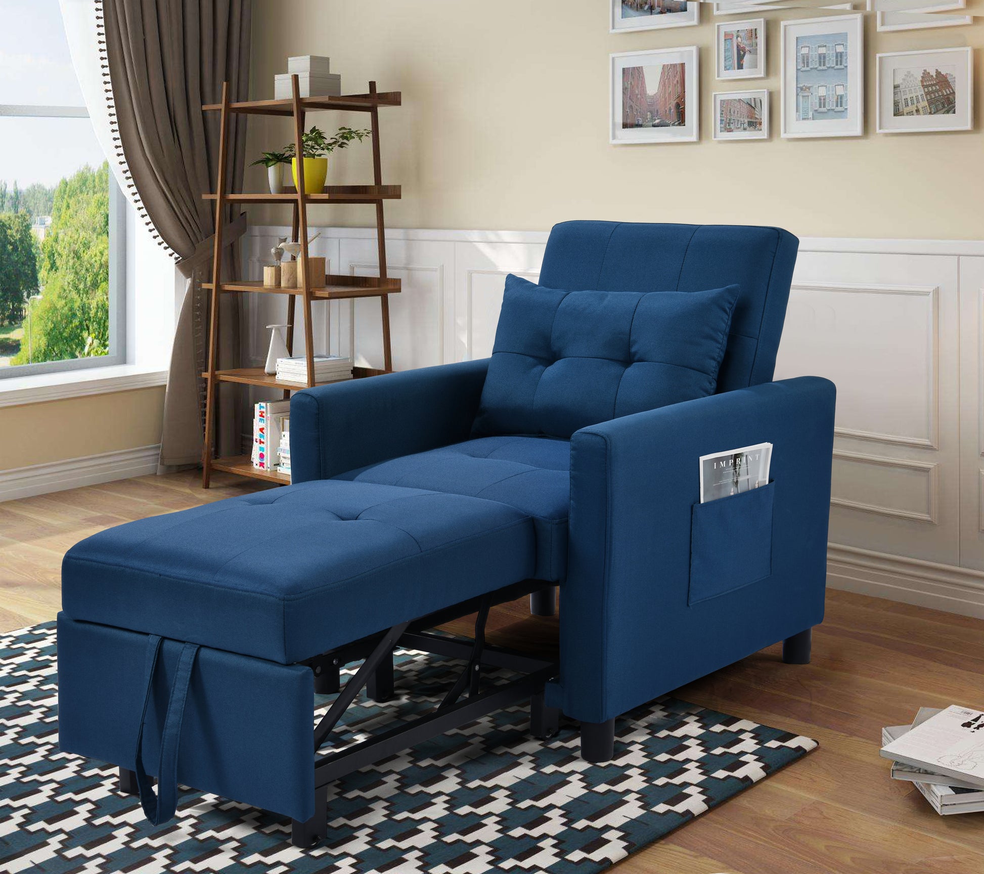 3 In 1 Convertible Futon Sofa Bed With Adjustable Backrest, Single Sofa Bed With Pull Out Sleeper, Convertible Futon Chair For Living Room, Side Bag And 1 Lumbar Pillow,Navy Navy Linen Wood Fabric 1 Seat