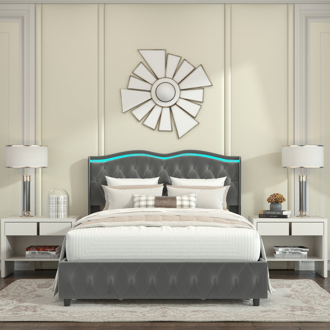 Queen Platform Bed Framevelvet Upholstered Bed With Deep Tufted Buttons And Trim, Adjustable Colorful Led Light Decorative Headboard, Bed Sides With Pull Out Storage 4 Drawers, Grey Queen Grey Velvet