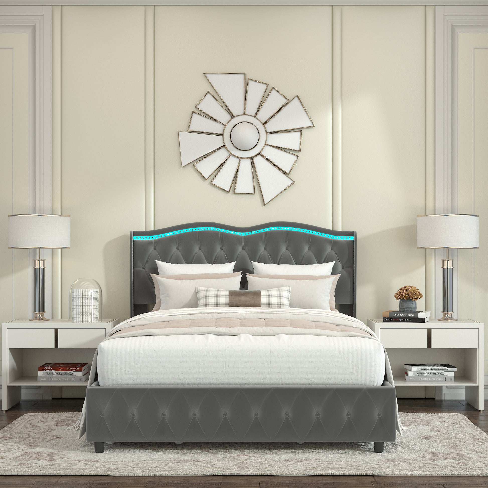 Queen Platform Bed Framevelvet Upholstered Bed With Deep Tufted Buttons And Trim, Adjustable Colorful Led Light Decorative Headboard, Bed Sides With Pull Out Storage 4 Drawers, Grey Queen Grey Velvet