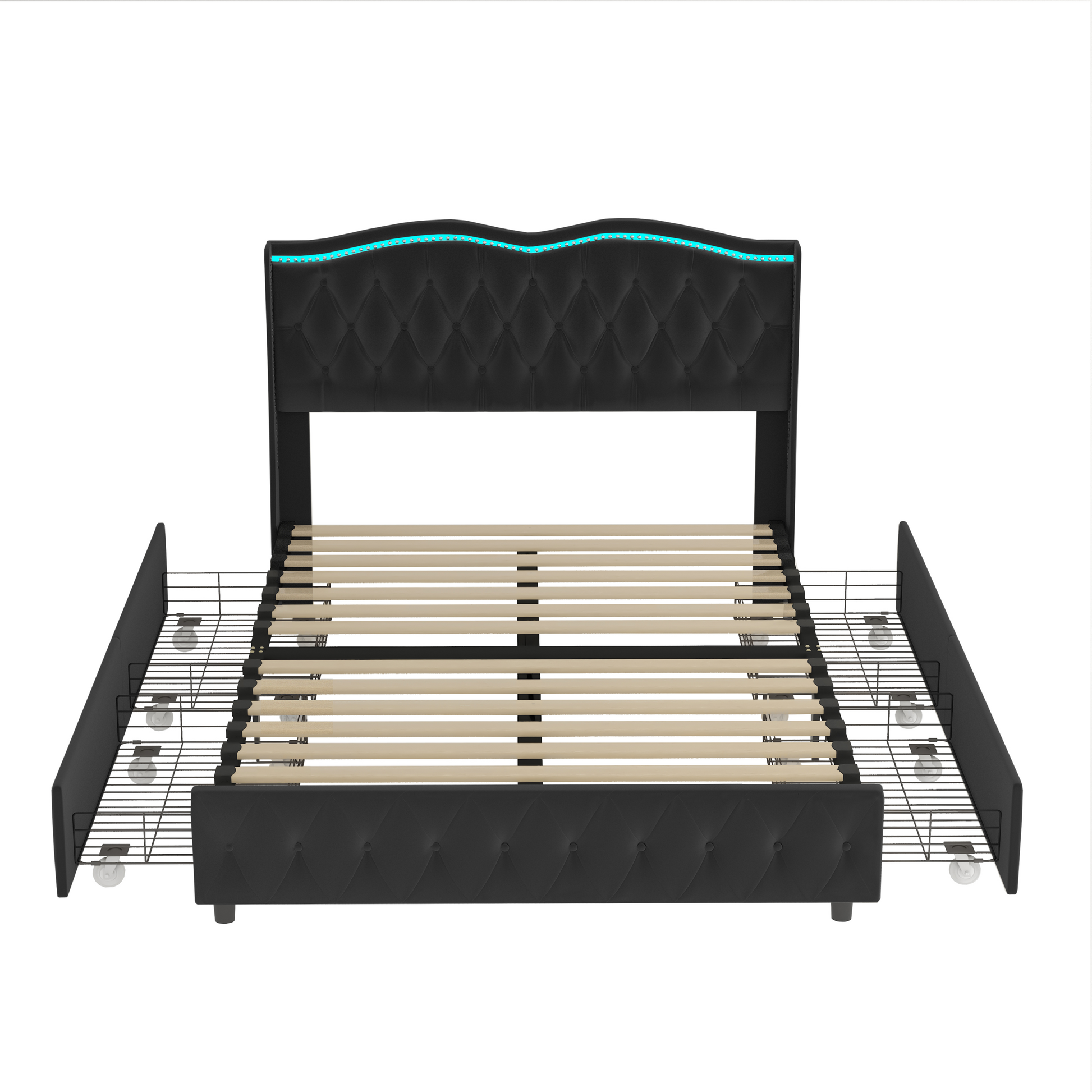 Queen Platform Bed Framevelvet Upholstered Bed With Deep Tufted Buttons And Trim, Adjustable Colorful Led Light Decorative Headboard, Bed Sides With Pull Out Storage 4 Drawers, Black Queen Black Velvet