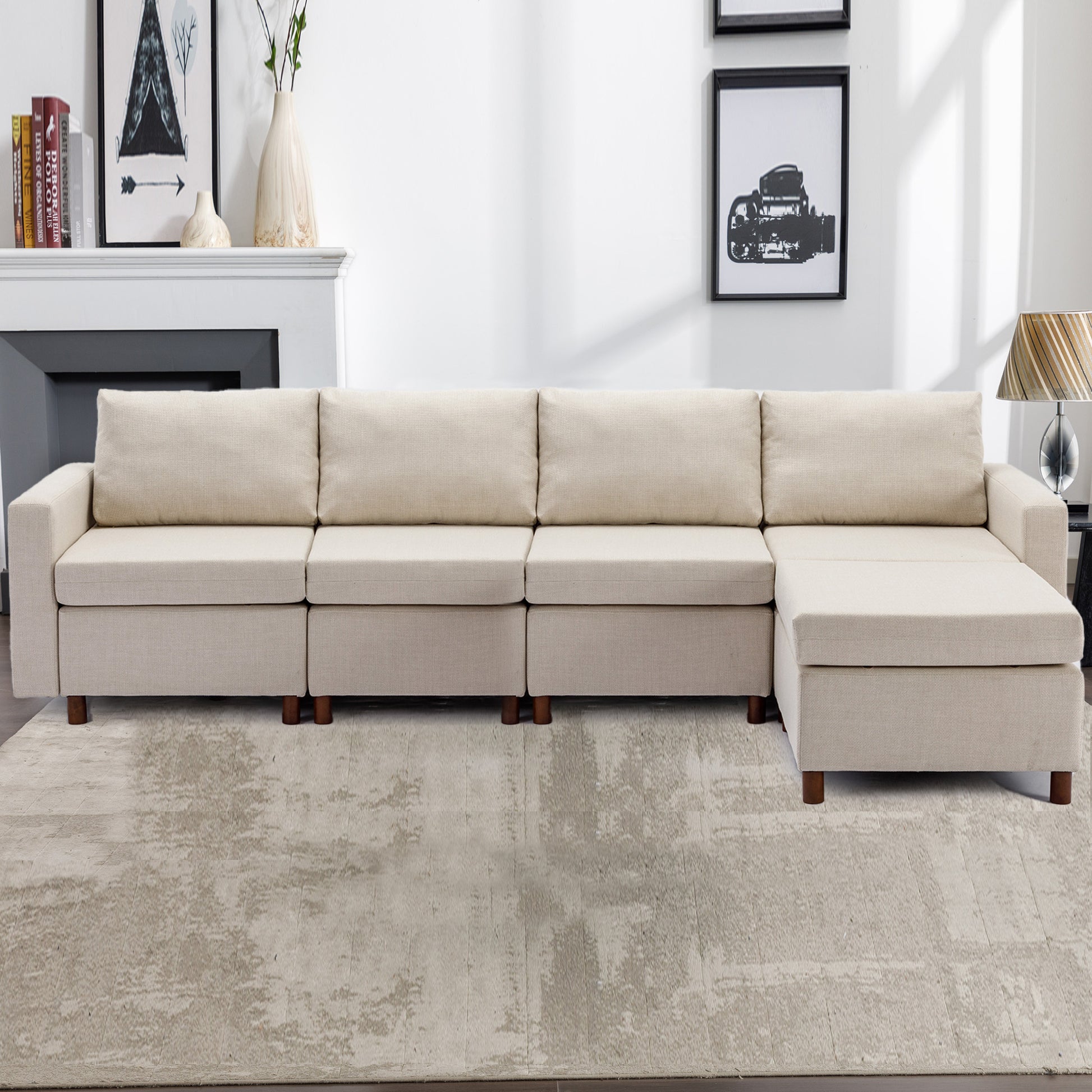 4 Seat Module Sectional Sofa Couch With 1 Ottoman For Living Room,Seat Cushion And Back Cushion Non Removable And Non Washable,Cream Cream Wood Primary Living Space Soft Modern Rubberwood Foam Linen 4 Seat