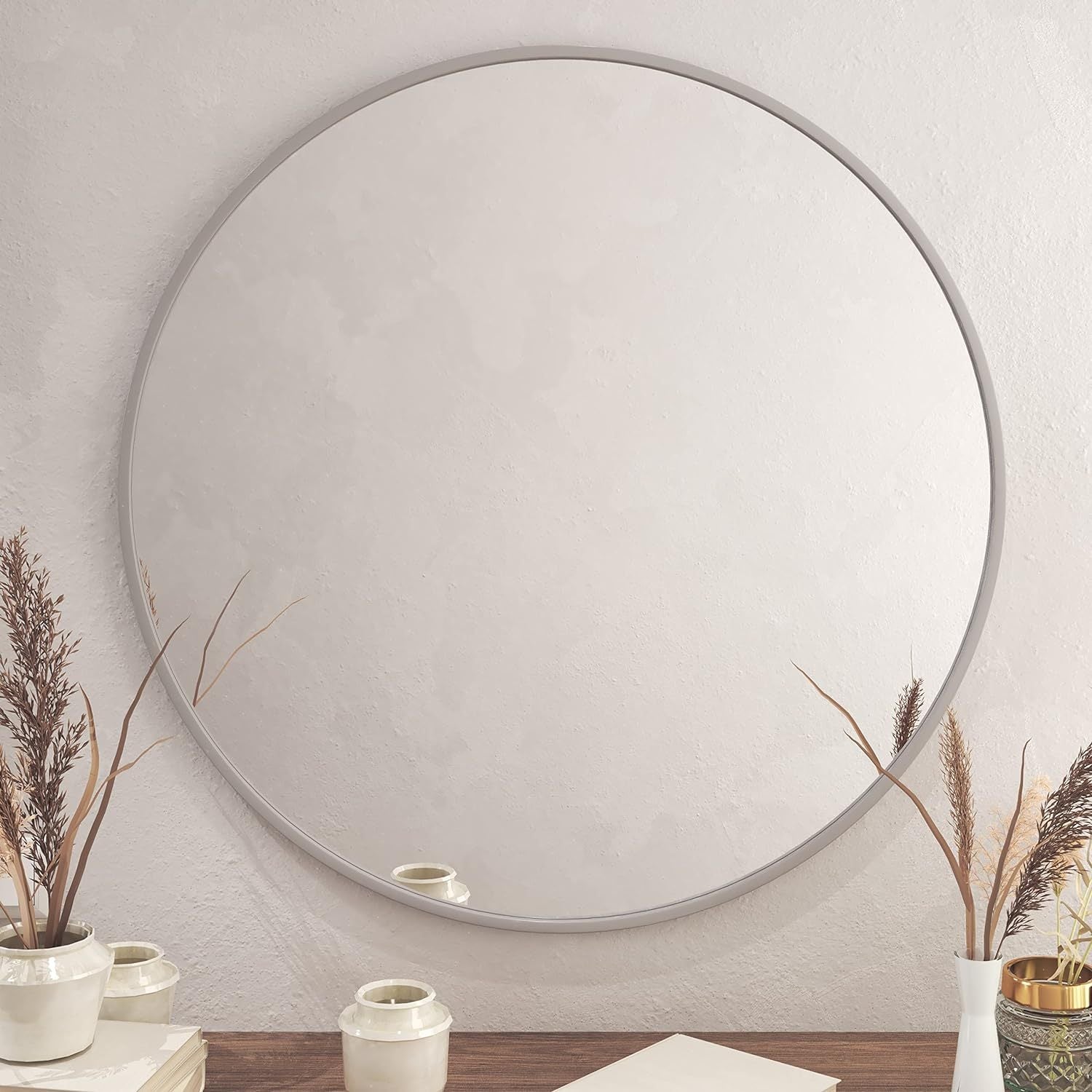 Silver 36 Inch Metal Round Bathroom Mirror Silver Classic Mdf Glass Aluminium Alloy