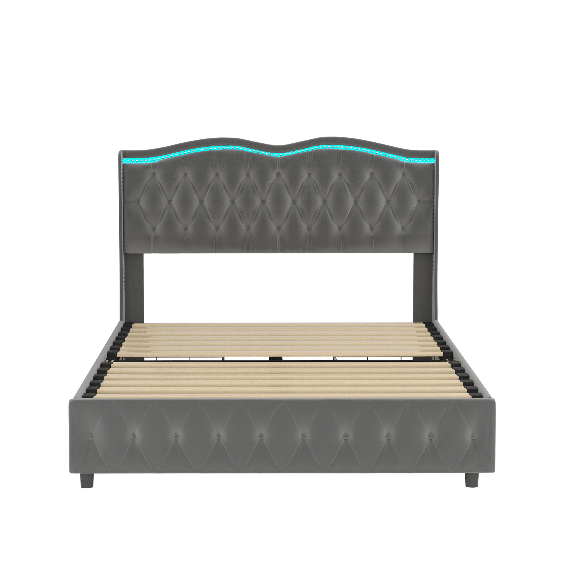 Queen Platform Bed Framevelvet Upholstered Bed With Deep Tufted Buttons And Trim, Adjustable Colorful Led Light Decorative Headboard, Bed Sides With Pull Out Storage 4 Drawers, Grey Queen Grey Velvet