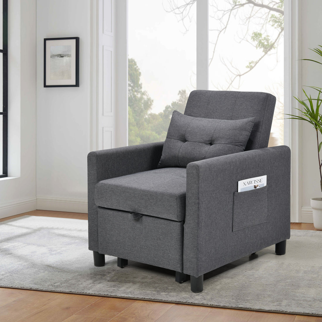 3 In 1 Convertible Futon Sofa Bed With Adjustable Backrest, Single Sofa Bed With Pull Out Sleeper, Convertible Futon Chair For Living Room, Side Bag And 1 Lumbar Pillow,Dark Gray Dark Gray Linen Wood Fabric 1 Seat