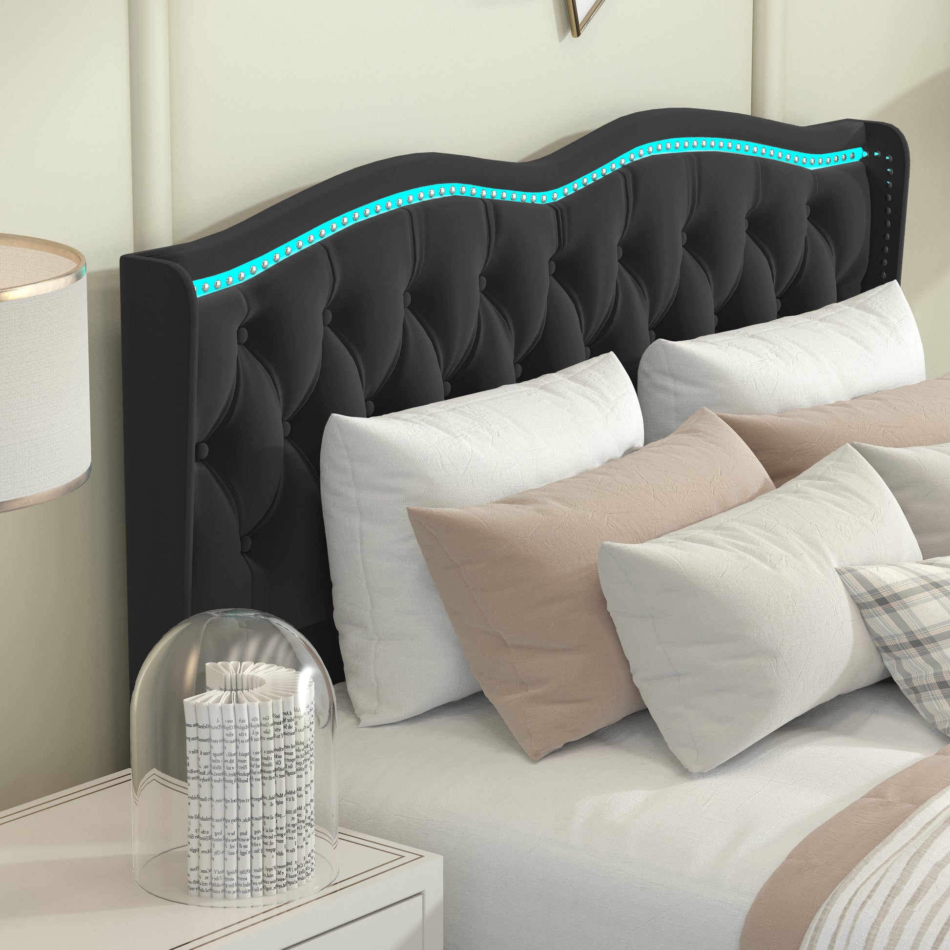Queen Platform Bed Framevelvet Upholstered Bed With Deep Tufted Buttons And Trim, Adjustable Colorful Led Light Decorative Headboard, Bed Sides With Pull Out Storage 4 Drawers, Black Queen Black Velvet
