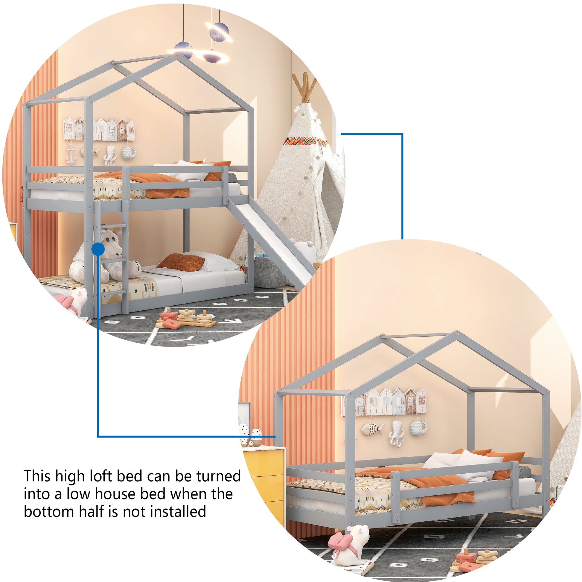 Twin Over Twin Bunk Bed With Roof, Slide And Ladder, Gray Twin Gray Solid Wood