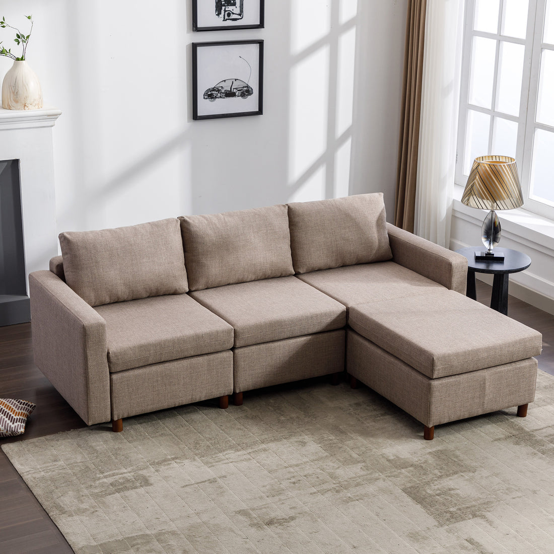 3 Seat Module Sectional Sofa Couch With 1 Ottoman For Living Room,Seat Cushion And Back Cushion Non Removable And Non Washable,Brown Brown Wood Primary Living Space Soft Modern Rubberwood Foam Linen 3 Seat