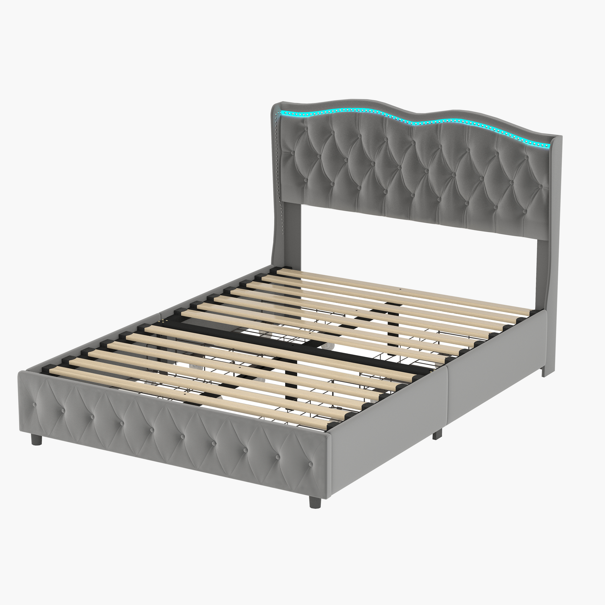 Queen Platform Bed Framevelvet Upholstered Bed With Deep Tufted Buttons And Trim, Adjustable Colorful Led Light Decorative Headboard, Bed Sides With Pull Out Storage 4 Drawers, Grey Queen Grey Velvet