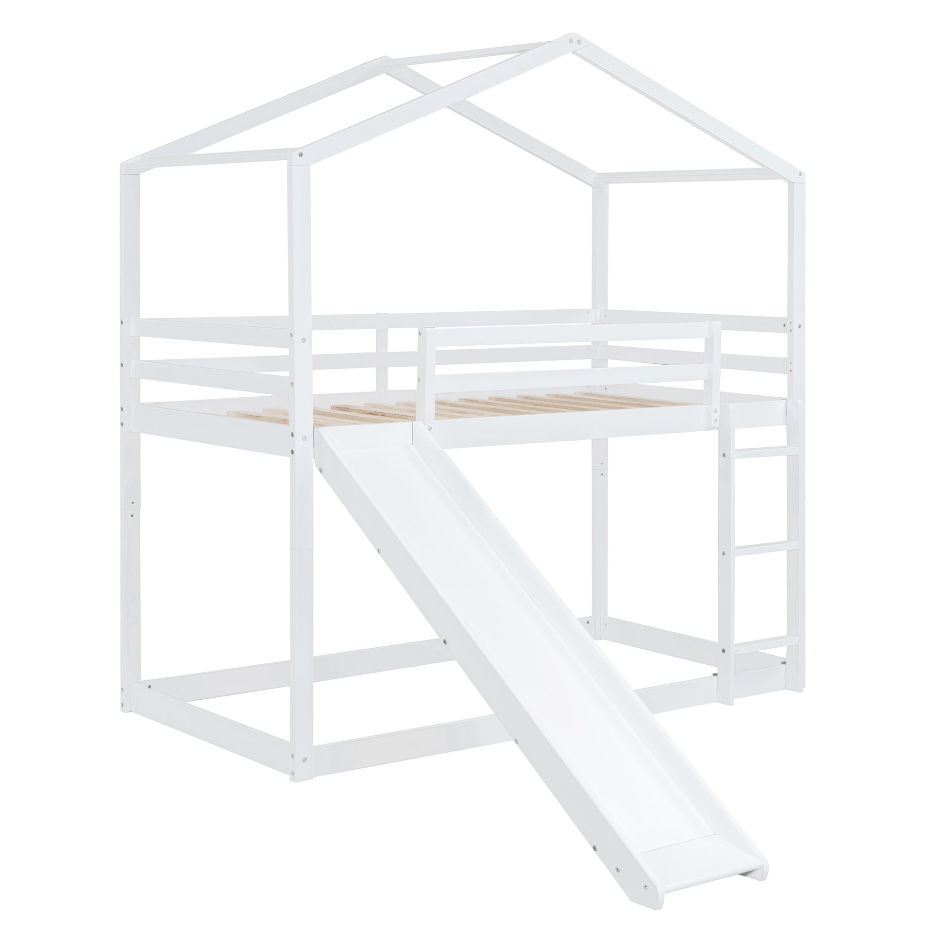 Twin Over Twin Bunk Bed With Roof, Slide And Ladder, White Twin White Solid Wood