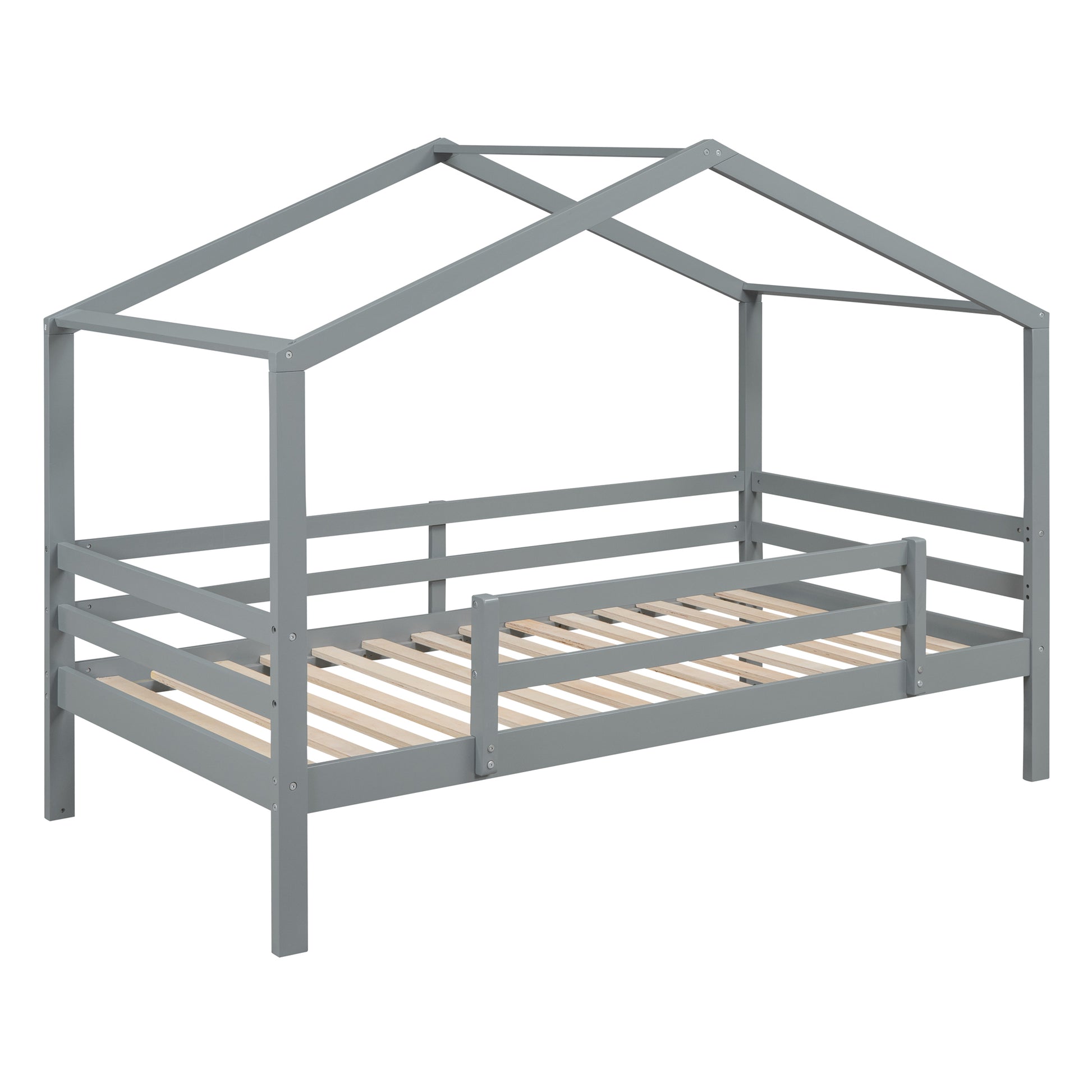 Twin Over Twin Bunk Bed With Roof, Slide And Ladder, Gray Twin Gray Solid Wood