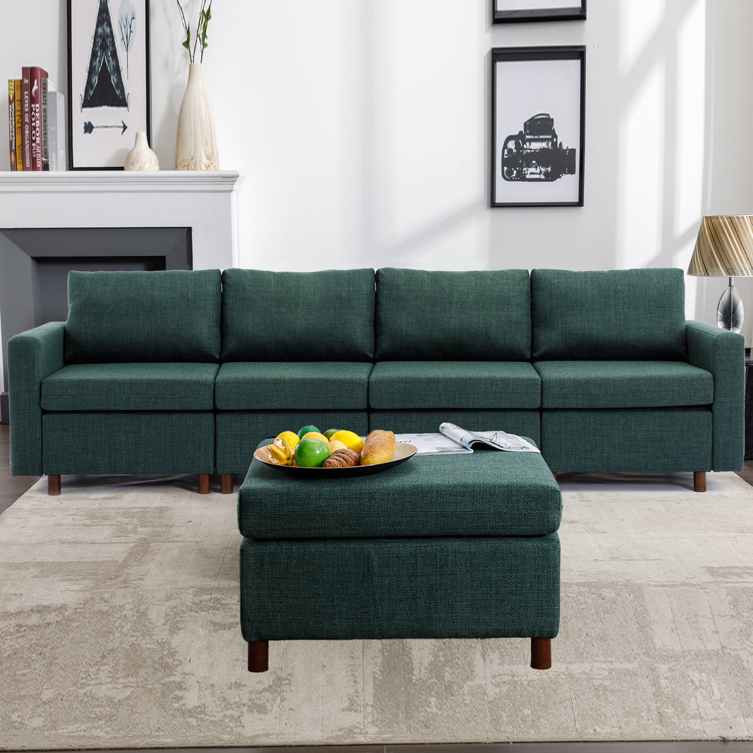 4 Seat Module Sectional Sofa Couch With 1 Ottoman For Living Room,Seat Cushion And Back Cushion Non Removable And Non Washable,Green Green Wood Primary Living Space Soft Modern Rubberwood Foam Linen 4 Seat