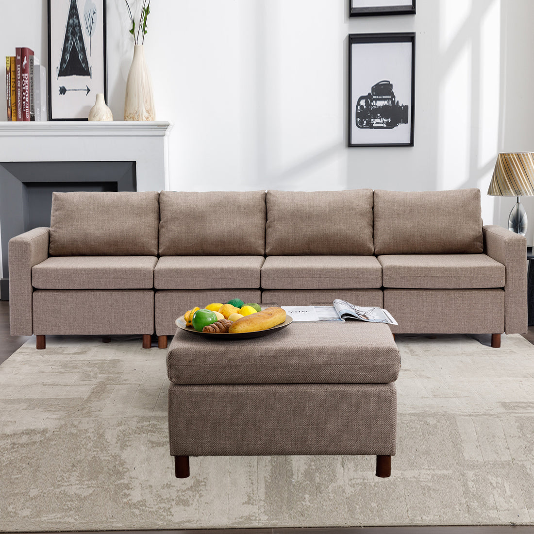 4 Seat Module Sectional Sofa Couch With 1 Ottoman For Living Room,Seat Cushion And Back Cushion Non Removable And Non Washable,Brown Brown Wood Primary Living Space Soft Modern Rubberwood Foam Linen 4 Seat