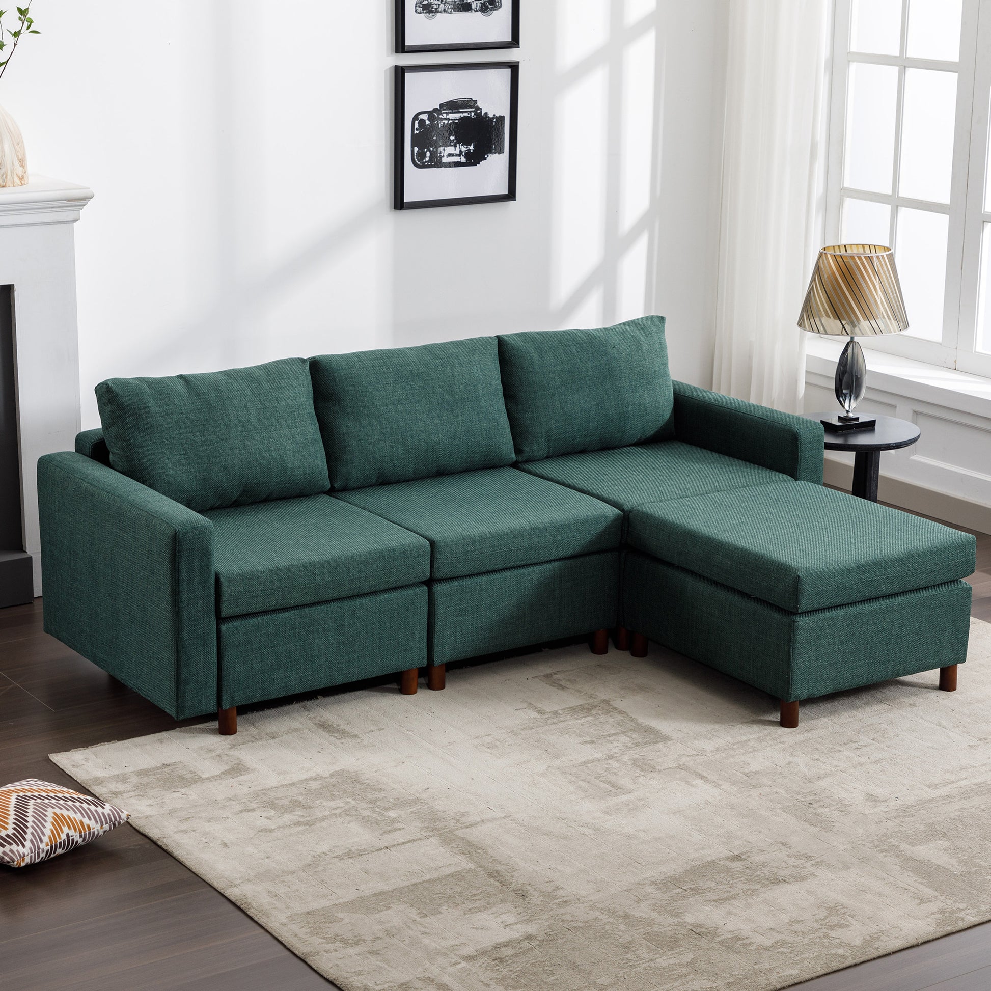 3 Seat Module Sectional Sofa Couch With 1 Ottoman For Living Room,Seat Cushion And Back Cushion Non Removable And Non Washable,Green Green Wood Primary Living Space Soft Modern Rubberwood Foam Linen 3 Seat