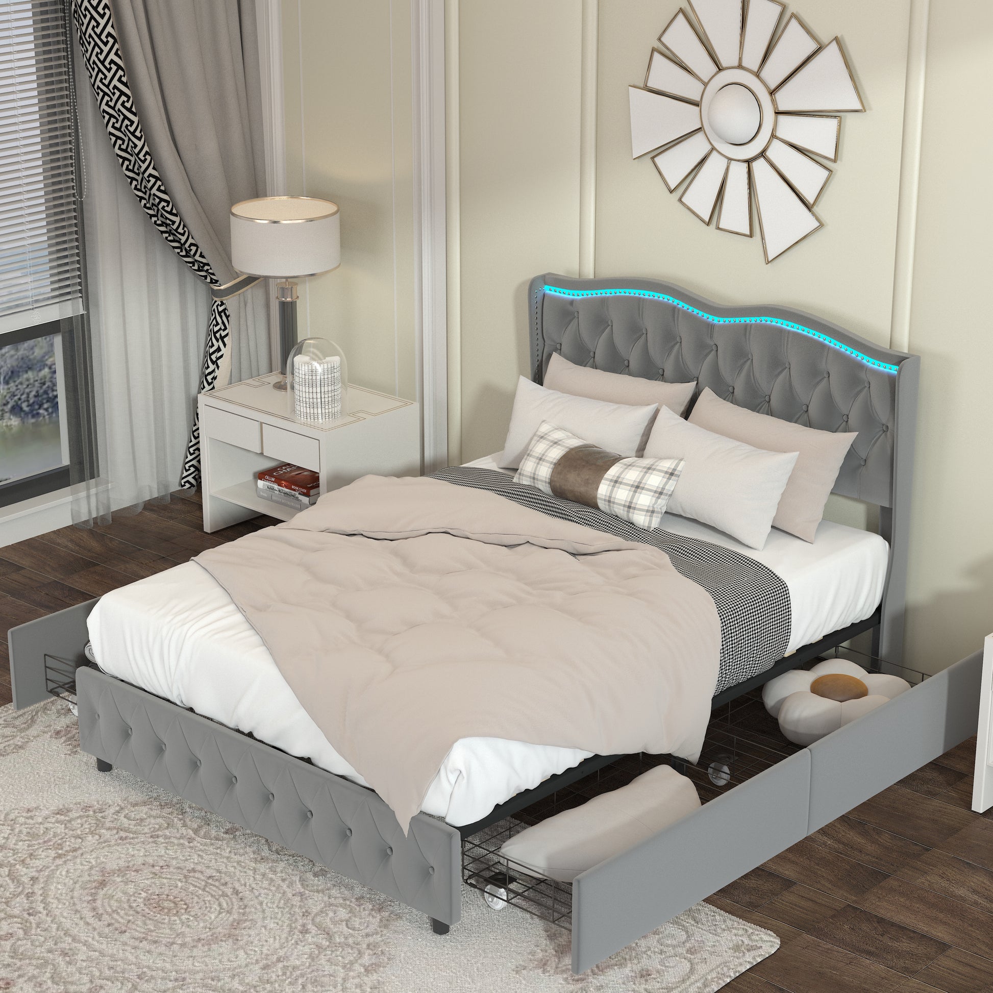 Queen Platform Bed Framevelvet Upholstered Bed With Deep Tufted Buttons And Trim, Adjustable Colorful Led Light Decorative Headboard, Bed Sides With Pull Out Storage 4 Drawers, Grey Queen Grey Velvet
