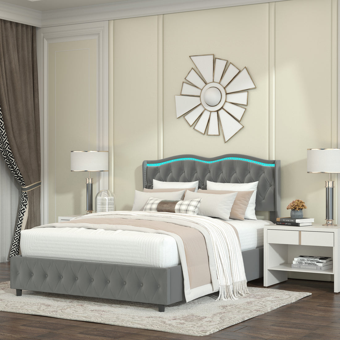 Queen Platform Bed Framevelvet Upholstered Bed With Deep Tufted Buttons And Trim, Adjustable Colorful Led Light Decorative Headboard, Bed Sides With Pull Out Storage 4 Drawers, Grey Queen Grey Velvet
