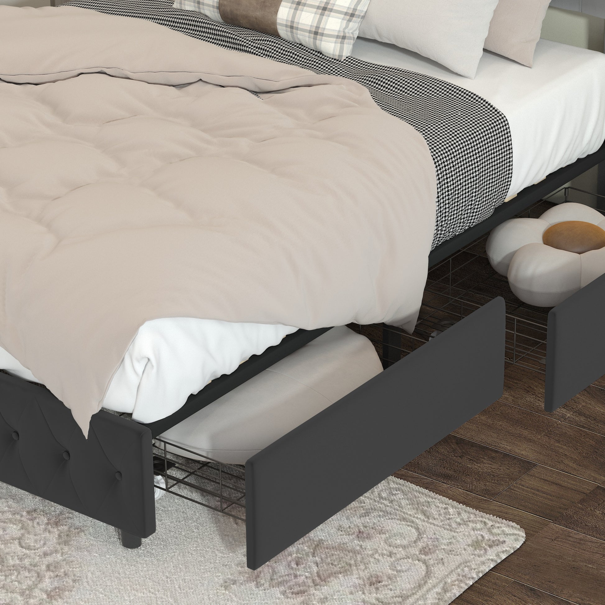 Queen Platform Bed Framevelvet Upholstered Bed With Deep Tufted Buttons And Trim, Adjustable Colorful Led Light Decorative Headboard, Bed Sides With Pull Out Storage 4 Drawers, Black Queen Black Velvet