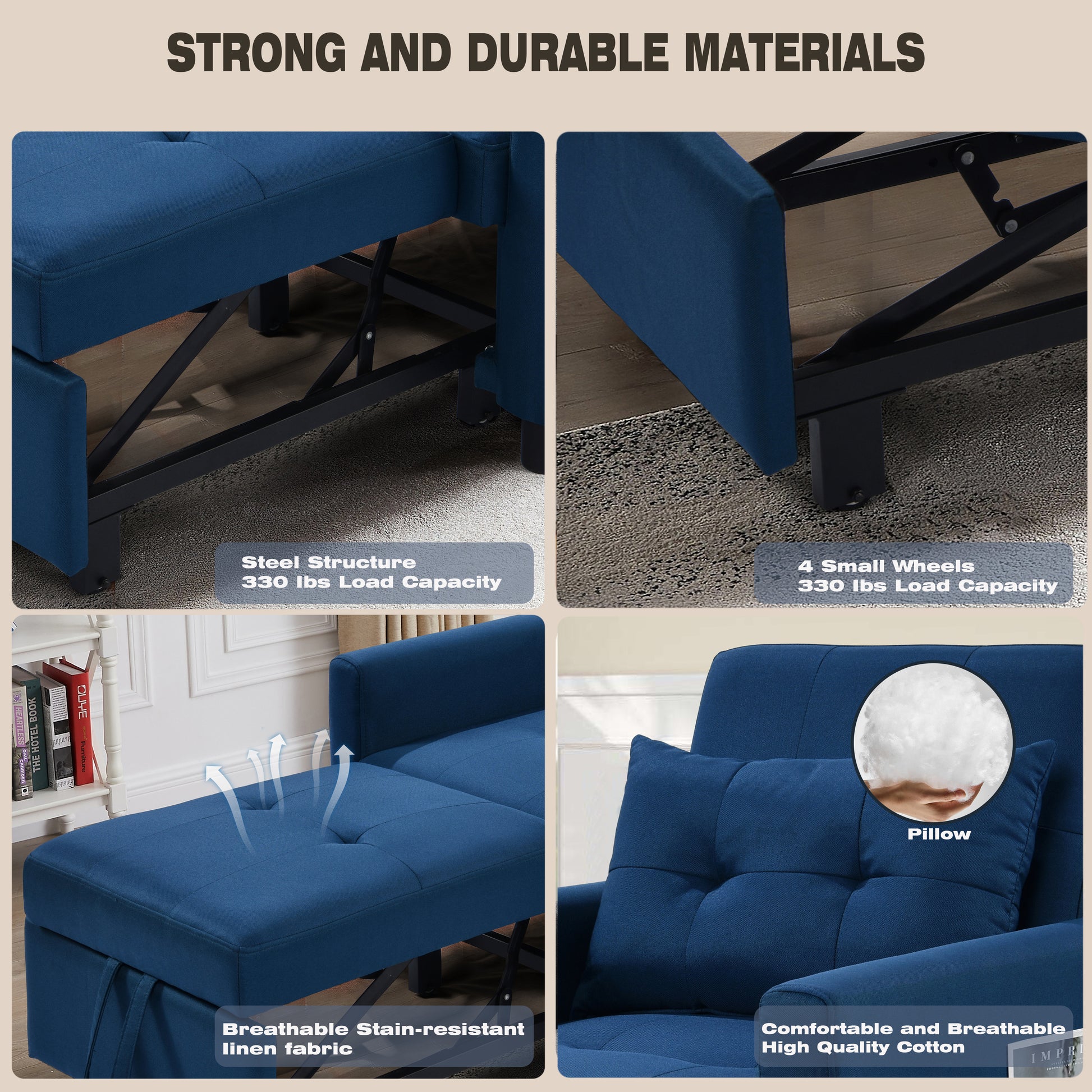 3 In 1 Convertible Futon Sofa Bed With Adjustable Backrest, Single Sofa Bed With Pull Out Sleeper, Convertible Futon Chair For Living Room, Side Bag And 1 Lumbar Pillow,Navy Navy Linen Wood Fabric 1 Seat