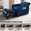 3 In 1 Convertible Futon Sofa Bed With Adjustable Backrest, Single Sofa Bed With Pull Out Sleeper, Convertible Futon Chair For Living Room, Side Bag And 1 Lumbar Pillow,Navy Navy Linen Wood Fabric 1 Seat